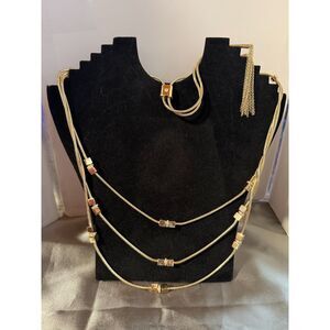 Gold Tone Adjustable Lariat Necklace Snake Chain Cube Rhinestone Stations